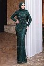 Çiçek Aplikeli Taşlı Gilda Abiye - Zümrüt - MN-5199