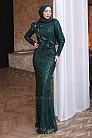 Çiçek Aplikeli Taşlı Gilda Abiye - Zümrüt - MN-5199