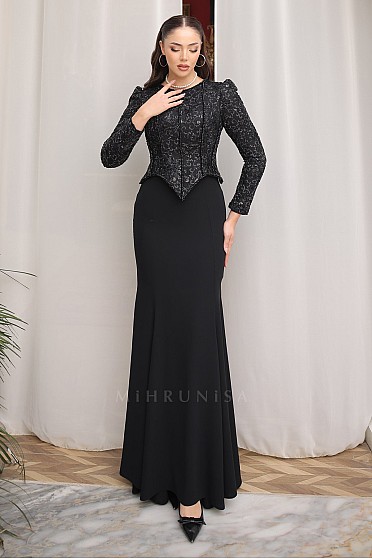 Dantel Detaylı Balık Kesim Tanya Abiye - Siyah