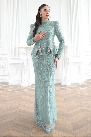 Dantel İşlemeli Peplum Kesim Balık Form Sorrel Abiye - Mint