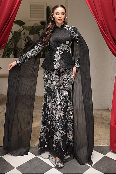 Drapeli Bel Detaylı Çiçek İşlemeli Veyra Abiye - Siyah