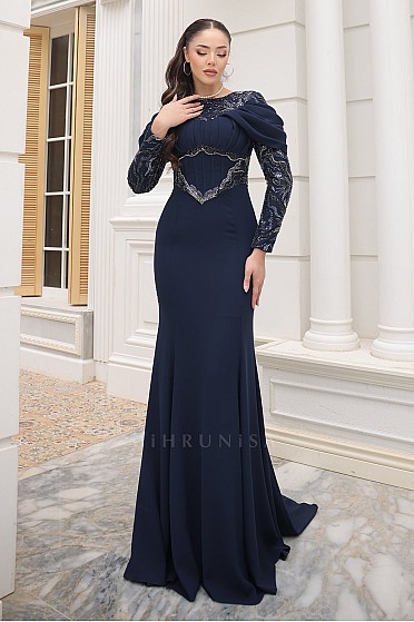 Drapeli Omuz Detaylı Dantel İşlemeli April Abiye - Lacivert