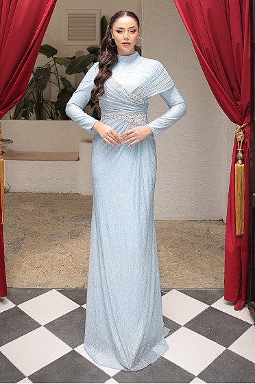 Drapeli Omuz Detaylı Taş İşlemeli Seina Abiye - Bebe Mavi