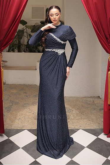 Drapeli Omuz Detaylı Taş İşlemeli Seina Abiye - Lacivert