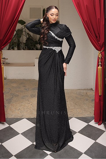 Drapeli Omuz Detaylı Taş İşlemeli Seina Abiye - Siyah