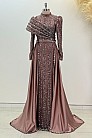 Omuz Detaylı Saten Elegance Abiye - Kahve - MN-5055