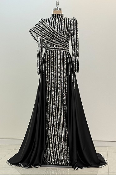 Omuz Detaylı Saten Elegance Abiye - Siyah Gümüş