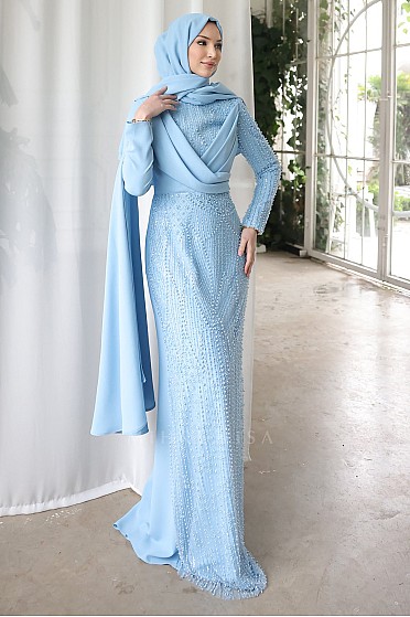 Omuz Pelerin Detay Boncuklu Ayliz Abiye - Bebe Mavi