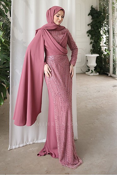 Omuz Pelerin Detay Boncuklu Ayliz Abiye - Gül Kurusu