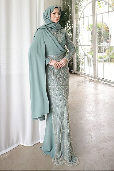 Omuz Pelerin Detay Boncuklu Ayliz Abiye - Mint