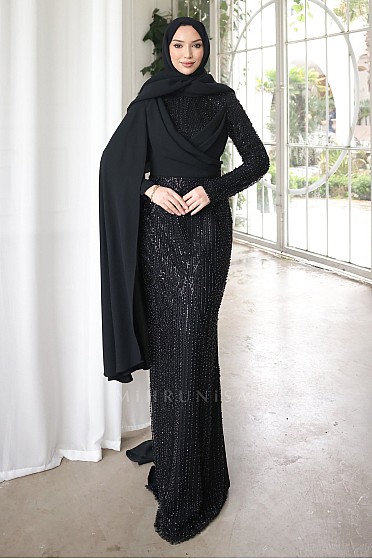 Omuz Pelerin Detay Boncuklu Ayliz Abiye - Siyah
