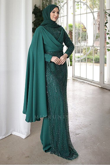 Omuz Pelerin Detay Boncuklu Ayliz Abiye - Zümrüt