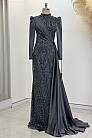 Önü Taş İşlemeli Saten Regina Abiye - Antresit - MN-4773