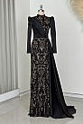 Önü Taş İşlemeli Saten Regina Abiye - Siyah Gold - MN-4776