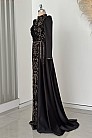 Önü Taş İşlemeli Saten Regina Abiye - Siyah Gold - MN-4776