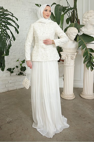 Papatya Desen İşlemeli Felora Elbise Ceket Takım - Beyaz