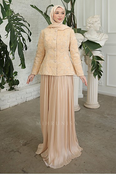 Papatya Desen İşlemeli Felora Elbise Ceket Takım - Krem Bej