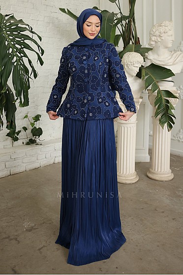 Papatya Desen İşlemeli Felora Elbise Ceket Takım - Lacivert