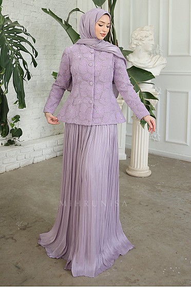 Papatya Desen İşlemeli Felora Elbise Ceket Takım - Lila