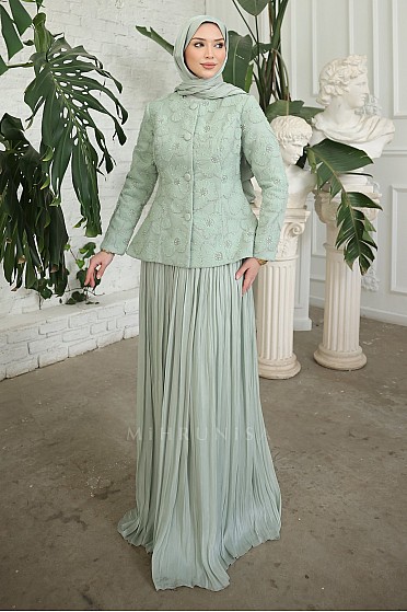 Papatya Desen İşlemeli Felora Elbise Ceket Takım - Mint