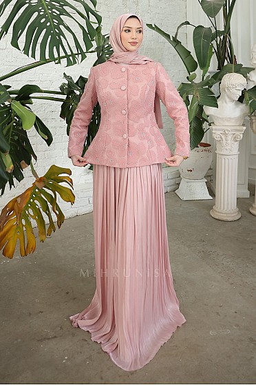 Papatya Desen İşlemeli Felora Elbise Ceket Takım - Pudra