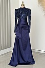 Papyon Detay Saten Merva  Abiye - Lacivert - MN-4790