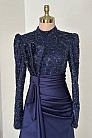 Papyon Detay Saten Merva  Abiye - Lacivert - MN-4790
