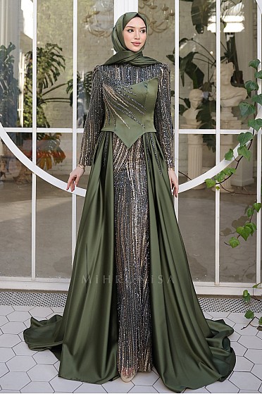 Pelerin Formlu İşlemeli Espera Abiye - Haki