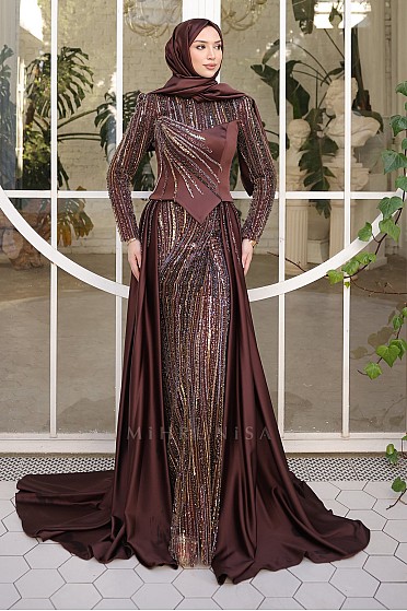 Pelerin Formlu İşlemeli Espera Abiye - Kahve