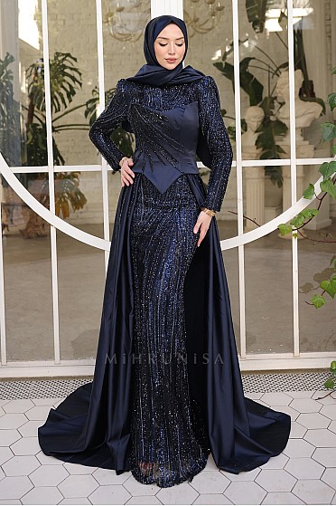 Pelerin Formlu İşlemeli Espera Abiye - Lacivert