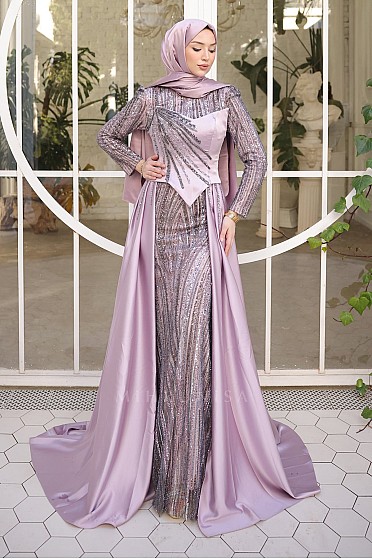 Pelerin Formlu İşlemeli Espera Abiye - Lila