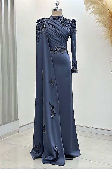 Pelerinli Drape Detay Saten Garnili Abiye - İndigo