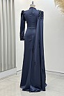 Pelerinli Drape Detay Saten Garnili Abiye - İndigo - MN-4792