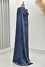 Pelerinli Drape Detay Saten Garnili Abiye - İndigo - MN-4792