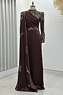 Pelerinli Drape Detay Saten Garnili Abiye - Kahve - MN-4793