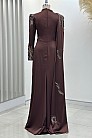Pelerinli Drape Detay Saten Garnili Abiye - Kahve - MN-4793