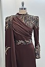 Pelerinli Drape Detay Saten Garnili Abiye - Kahve - MN-4793