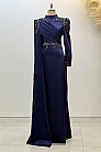 Pelerinli Drape Detay Saten Garnili Abiye - Lacivert - MN-5984
