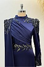 Pelerinli Drape Detay Saten Garnili Abiye - Lacivert - MN-5984