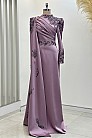 Pelerinli Drape Detay Saten Garnili Abiye - Lila - MN-4791