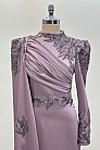 Pelerinli Drape Detay Saten Garnili Abiye - Lila - MN-4791
