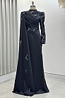 Pelerinli Drape Detay Saten Garnili Abiye - Siyah - MN-4794