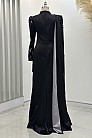 Pelerinli Drape Detay Saten Garnili Abiye - Siyah - MN-4794