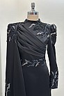 Pelerinli Drape Detay Saten Garnili Abiye - Siyah - MN-4794