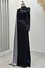 Pelerinli Drape Detay Saten Garnili Abiye - Siyah - MN-4794