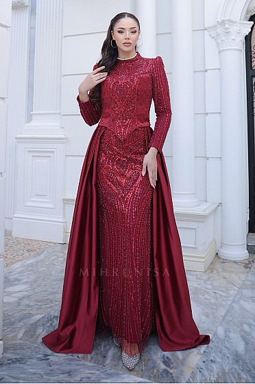 Portatif Korse Detay Taş İşlemeli Mirella Abiye - Bordo