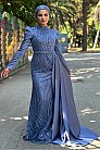 Portatif Kuyruklu Özel İşlemeli Saten Diva Abiye - İndigo - MN-4659
