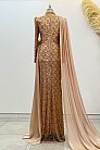 Şifon Pelerin Detay Boncuklu Milena Abiye - Gold - MN-5033
