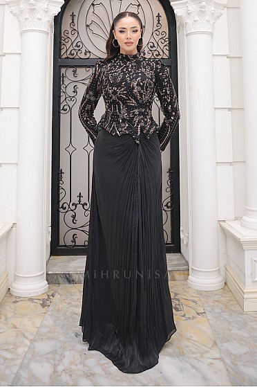 Taş İşlemeli Drapeli Saly Abiye - Siyah