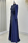 Taş İşlemeli Saten Flowers Abiye - Lacivert - MN-4778